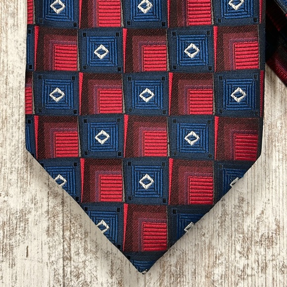Fabio Fazio Blue Red Square Patterned Hans Made Pure Silk Neck Tie - Picture 2 of 7